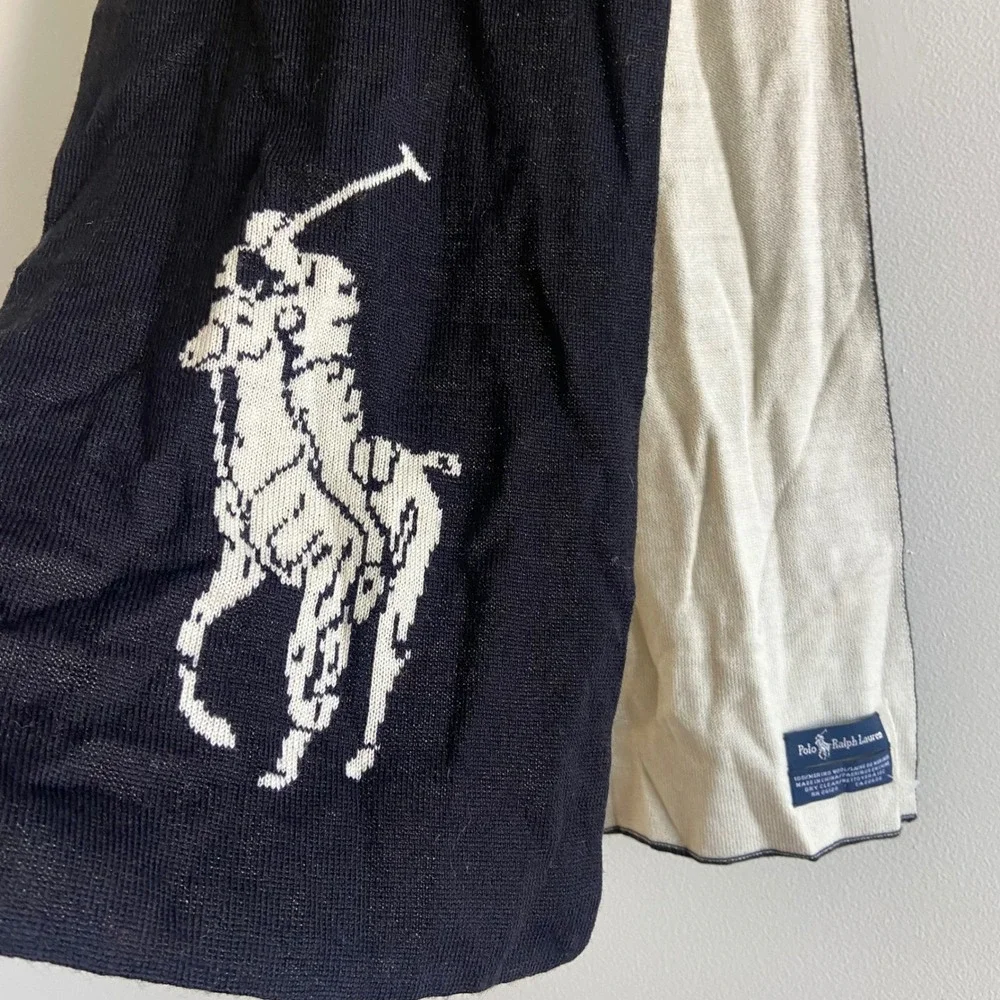 Polo Ralph Lauren Merino Wool Scarf Black Cream Big Pony Logo 9x72 Reversible